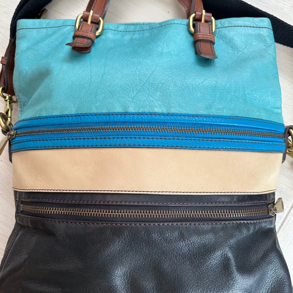 Fossil Y2K 90s‎ Colorblock Leather Convertible Tote Crossbody Bag Teal Tan Black